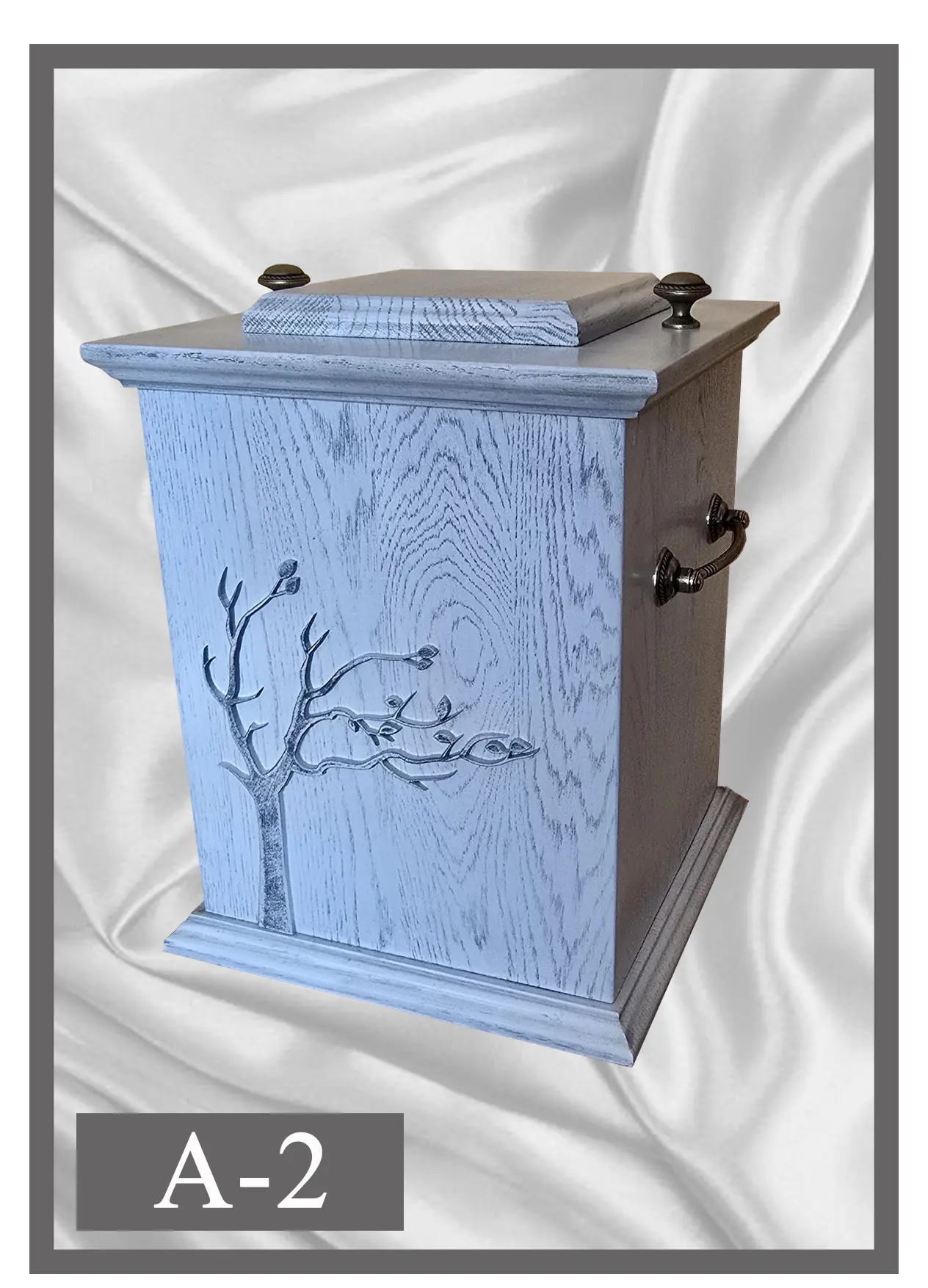 Wooden urn A2 light blue with a tree motif