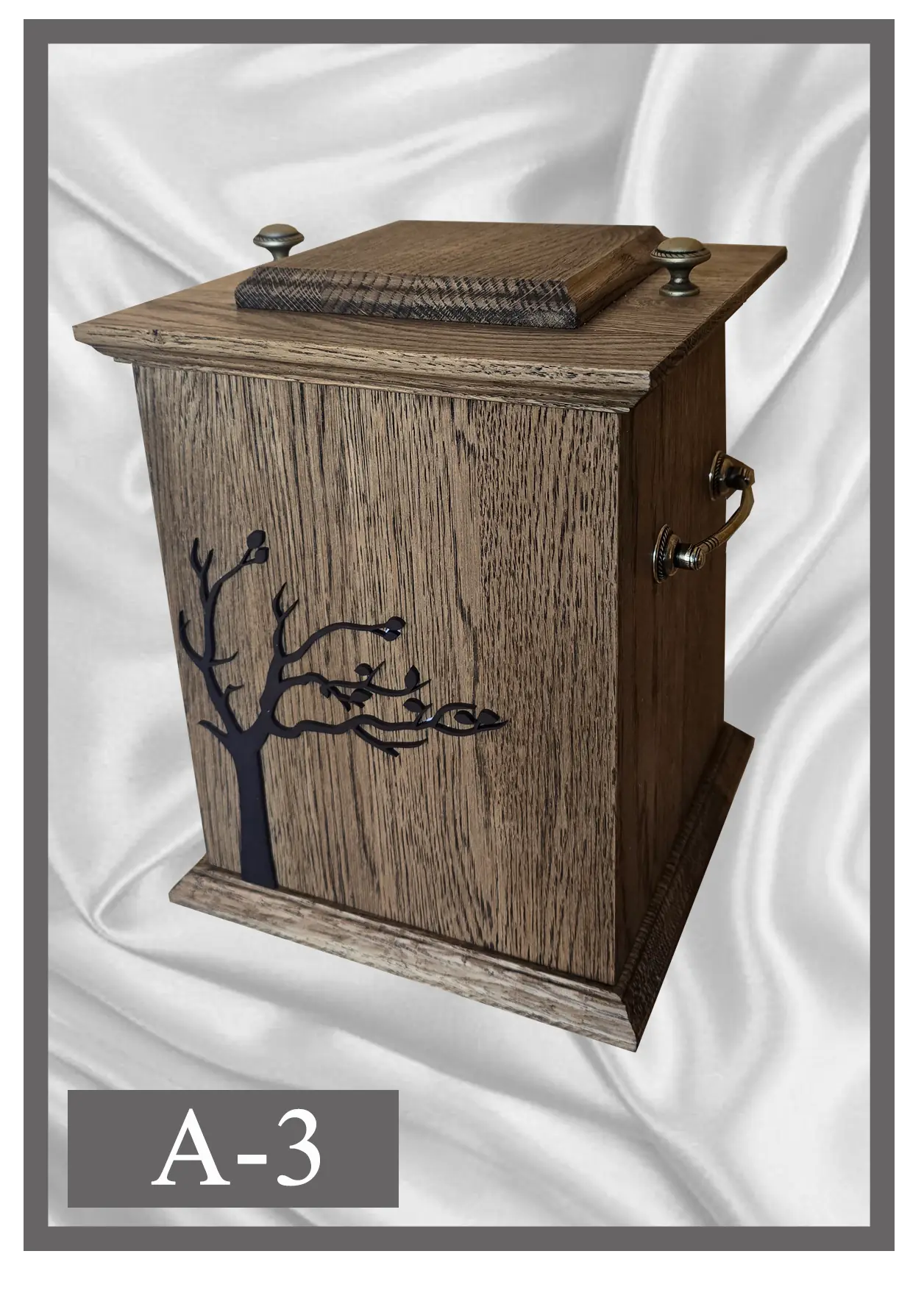 Wooden urn A3 natural wood with a dark tree motif