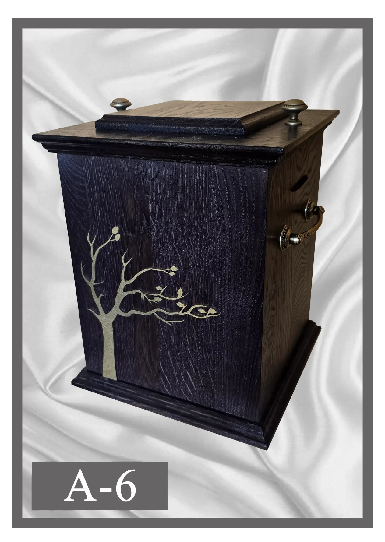 Wooden urn A6 dark finish with a gold-coloured tree motif