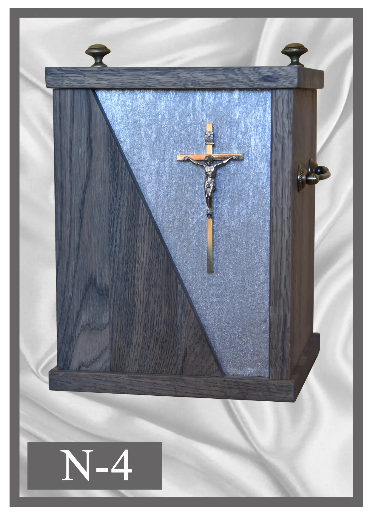 Wooden urn N4 grey with a light front panel and cross