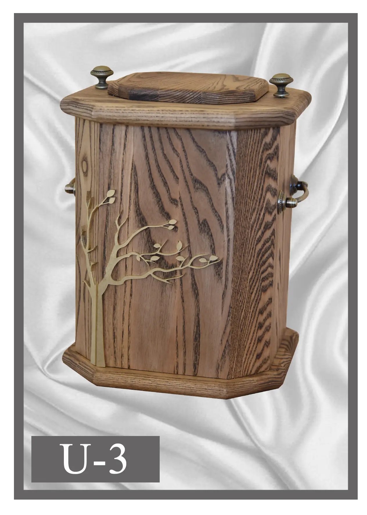 Wooden urn U3 faceted natural wood design with a branch motif