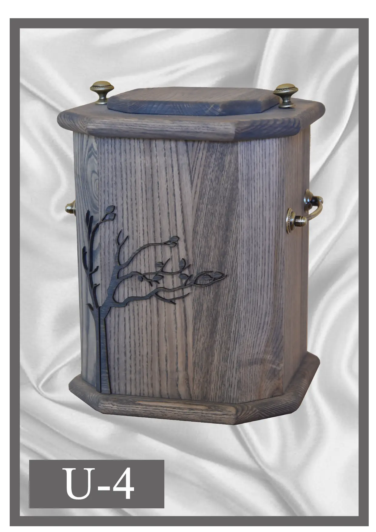 Wooden urn U4 faceted grey wood design with a tree motif
