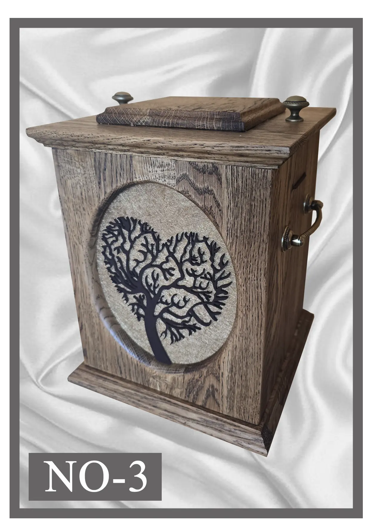 Wooden urn NO3 grey wood with a heart-shaped tree of life