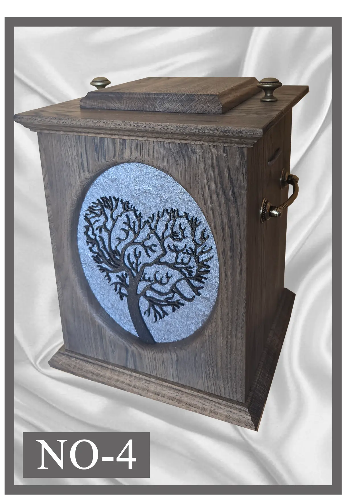 Wooden urn NO4 grey wood with a circular tree of life motif