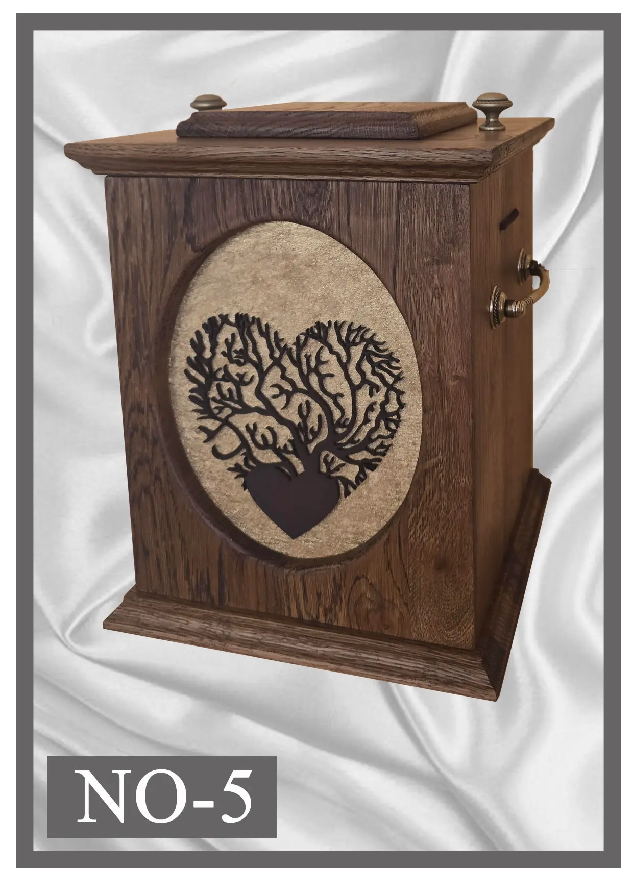 Wooden urn NO5 walnut-colour with a circular tree of life motif