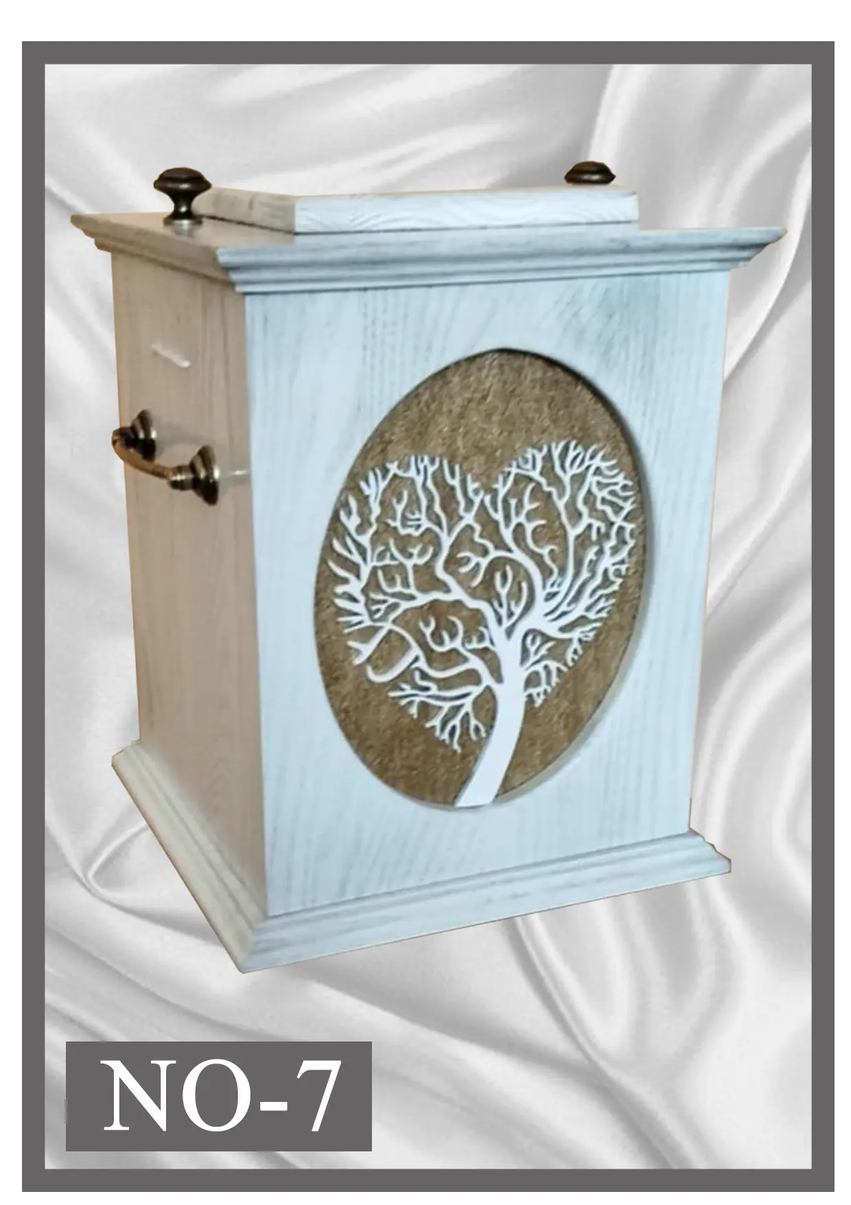 Wooden urn NO7 white with a circular tree of life motif